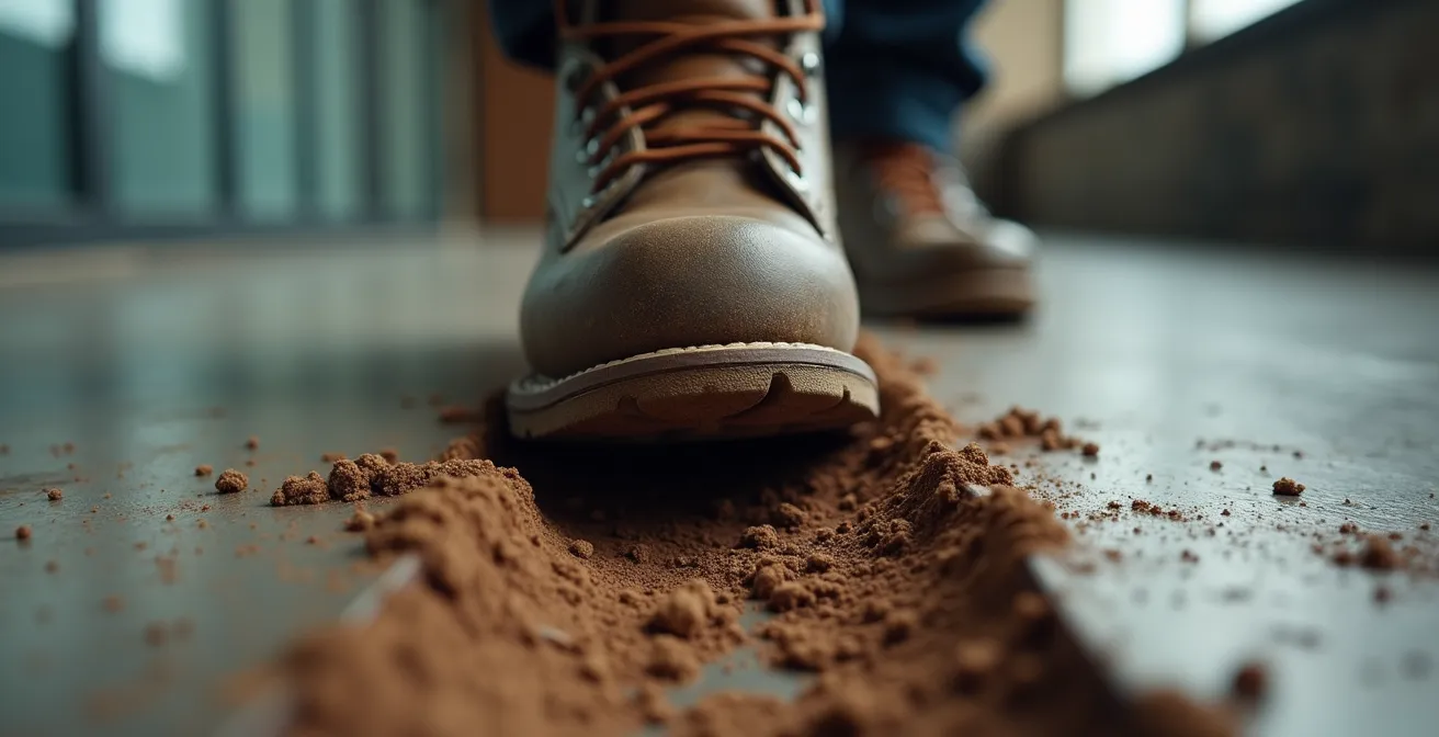 Detailaufnahme, die den Übergang von einer schmutzigen Wanderschuhsohle zu einem polierten Business-Schuh zeigt, als Metapher für den Transfer von Erfahrungen.