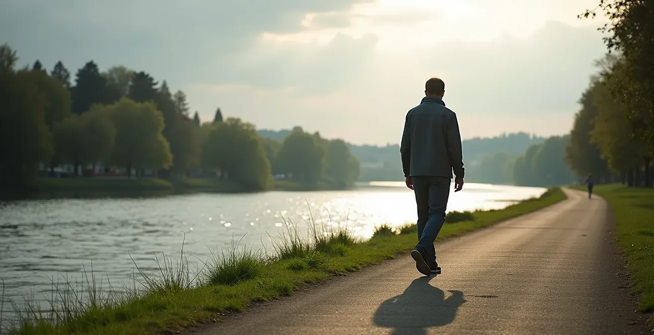 Eine Person macht einen ruhigen Spaziergang entlang der Aare in Bern, was sanfte Bewegung in schwierigen Zeiten symbolisiert.