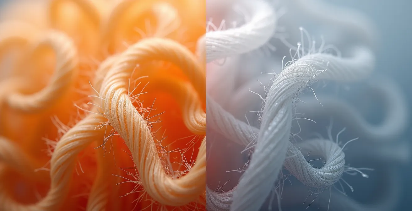 Makroaufnahme von Textilfasern mit natürlichen und synthetischen Materialien im Vergleich