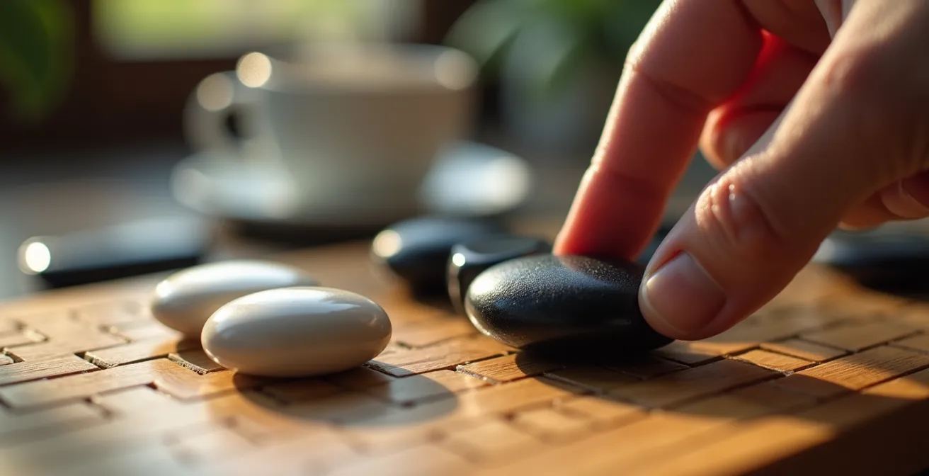 Makroaufnahme von Go-Steinen auf einem Holzbrett mit Kaffeetasse im verschwommenen Hintergrund