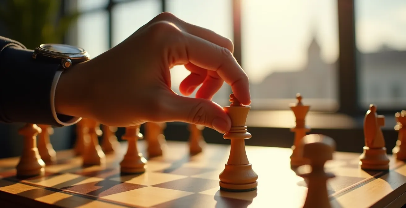 Nahaufnahme einer Hand über einem Schachbrett im morgendlichen Sonnenlicht mit einer Schweizer Uhr am Handgelenk und der Zürcher Skyline im Hintergrund