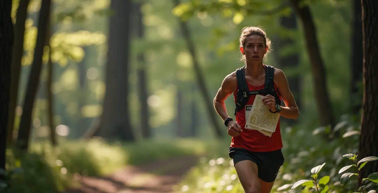 OL-Läufer beim Kartenstudium während des Laufens in einem Schweizer Wald