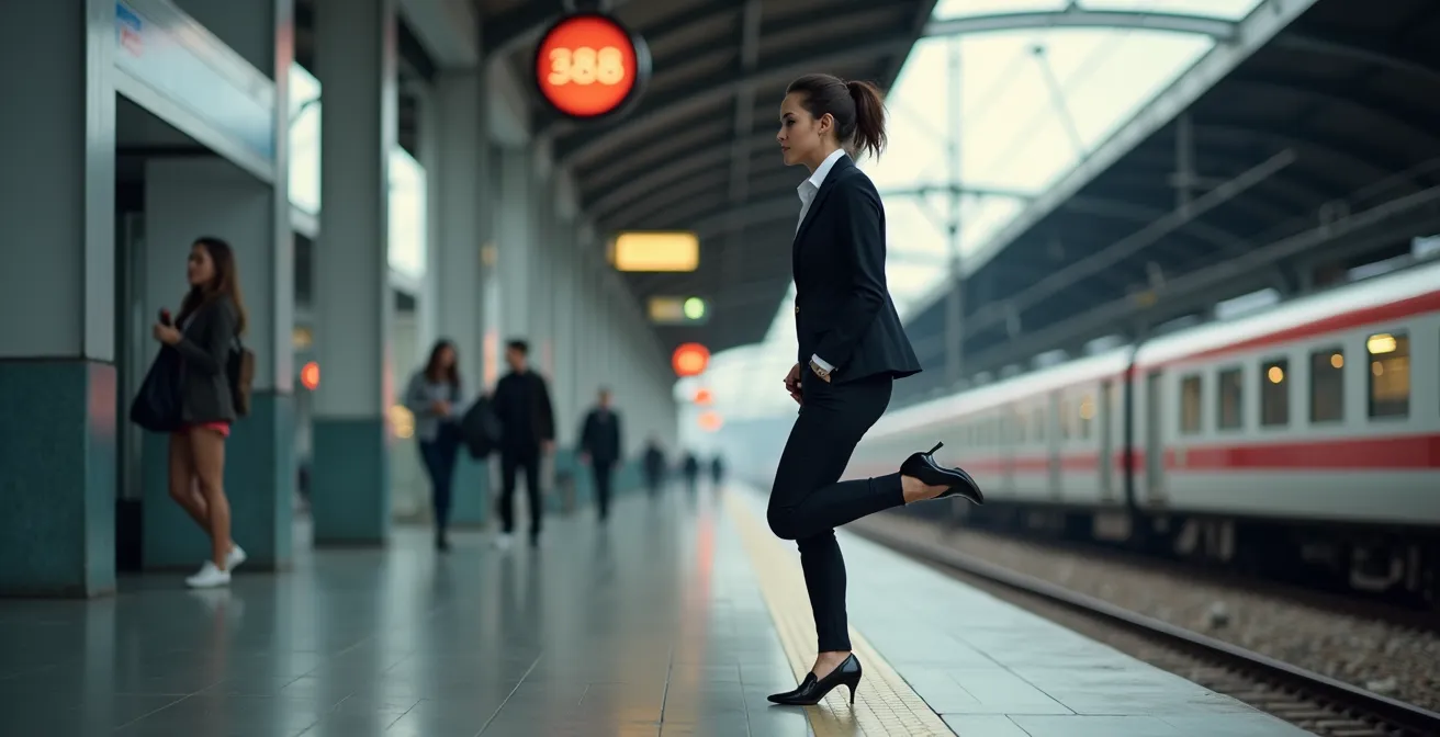 Geschäftsfrau macht diskrete Dehnübungen am Bahnsteig während der Wartezeit auf den Zug