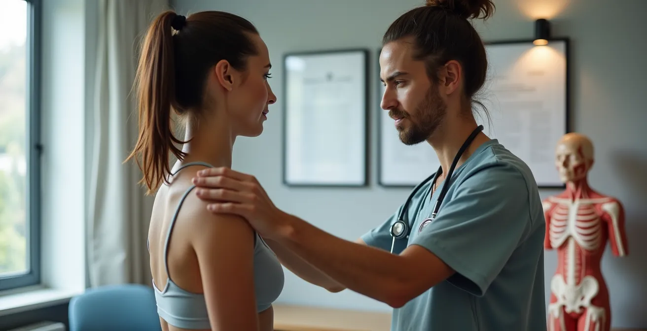 Ein Physiotherapeut analysiert die Körperhaltung eines Patienten in einer modernen Schweizer Praxis