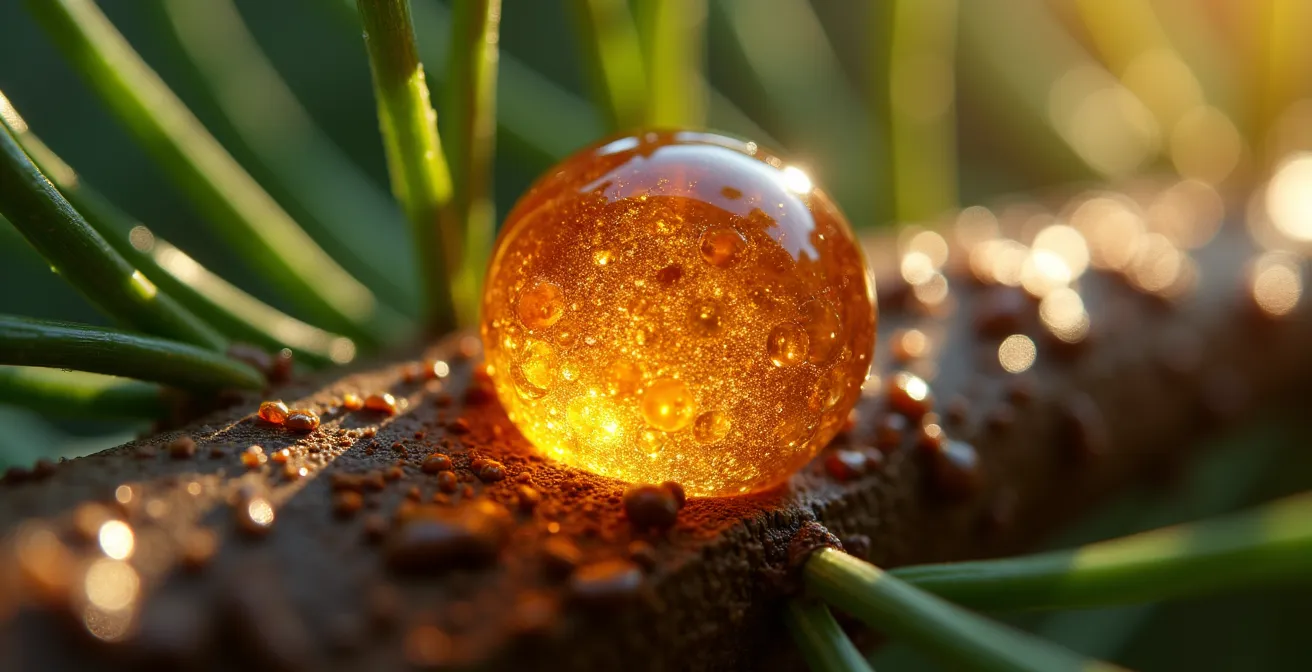 Makroaufnahme von Nadelbaumharz und ätherischen Ölen im Schweizer Wald