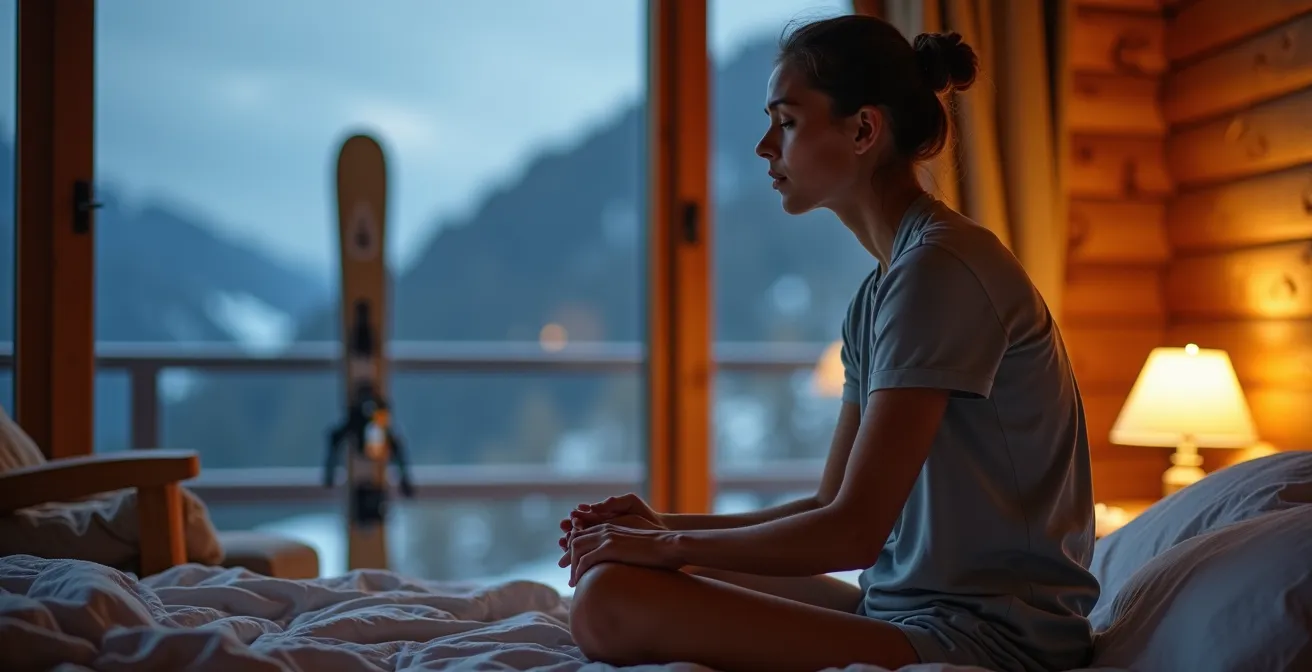 Ein Sportler in einem gemütlichen Schweizer Schlafzimmer praktiziert eine abendliche PMR-Routine zur Entspannung.