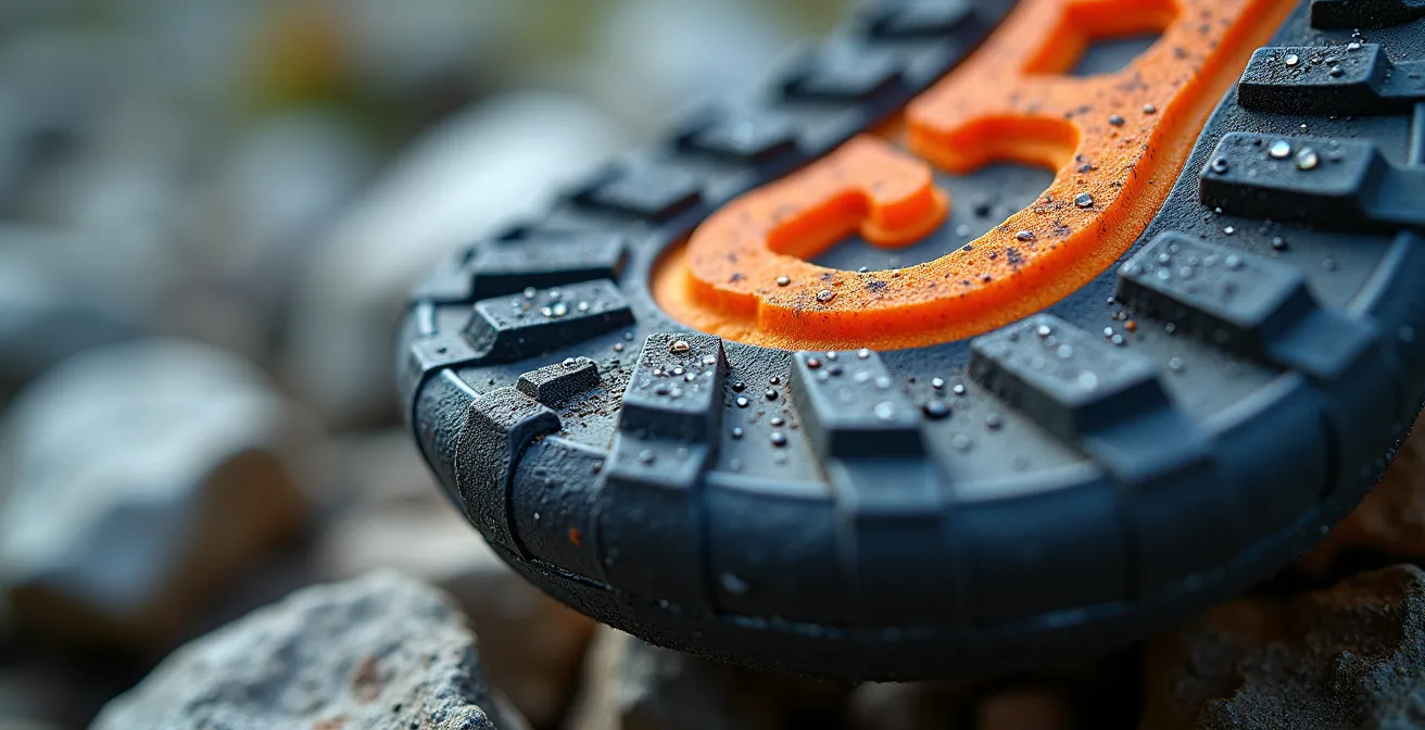 Extreme Nahaufnahme einer abgenutzten Sportschuhsohle, die Materialermüdung nach Tests in den Alpen zeigt.