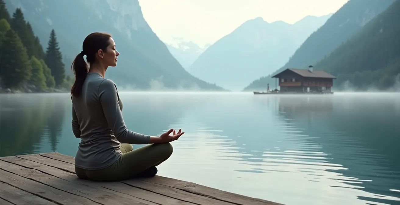Meditierende Person an einem kristallklaren Schweizer Bergsee bei Sonnenaufgang