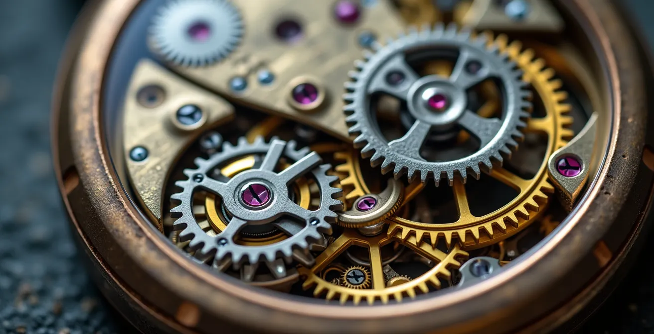 Makroaufnahme einer Schweizer Taschenuhr mit sichtbarem Uhrwerk als Metapher für präzise Routine