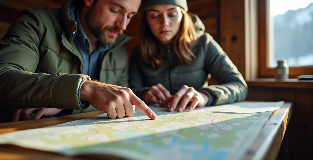 Wanderer studieren topografische Karte in Schweizer Berghütte