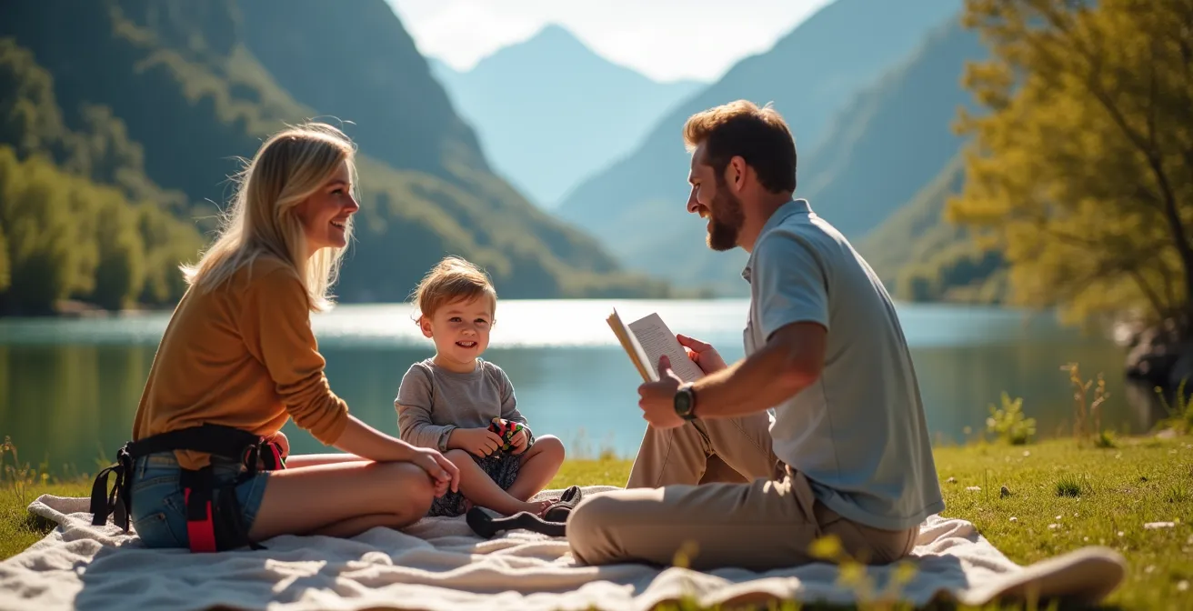 Schweizer Familie bei verschiedenen Aktivitäten am Bergsee