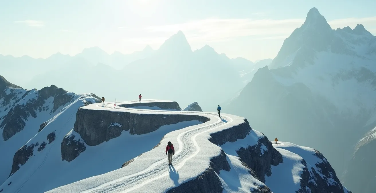 Visualisierung des Schweizer Käse Modells in alpiner Umgebung mit einem Wanderer, der verschiedene Sicherheitsebenen durchquert.
