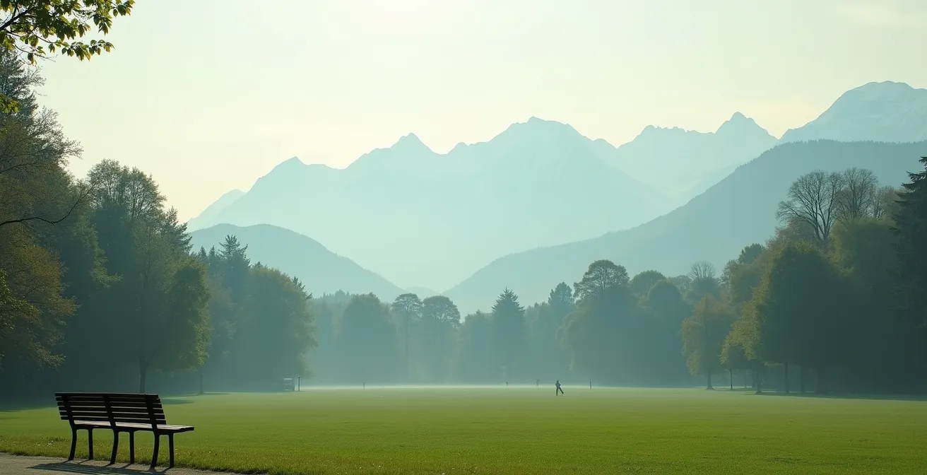 Weite Landschaft zeigt Übergang von urbanem Park zu Schweizer Alpen