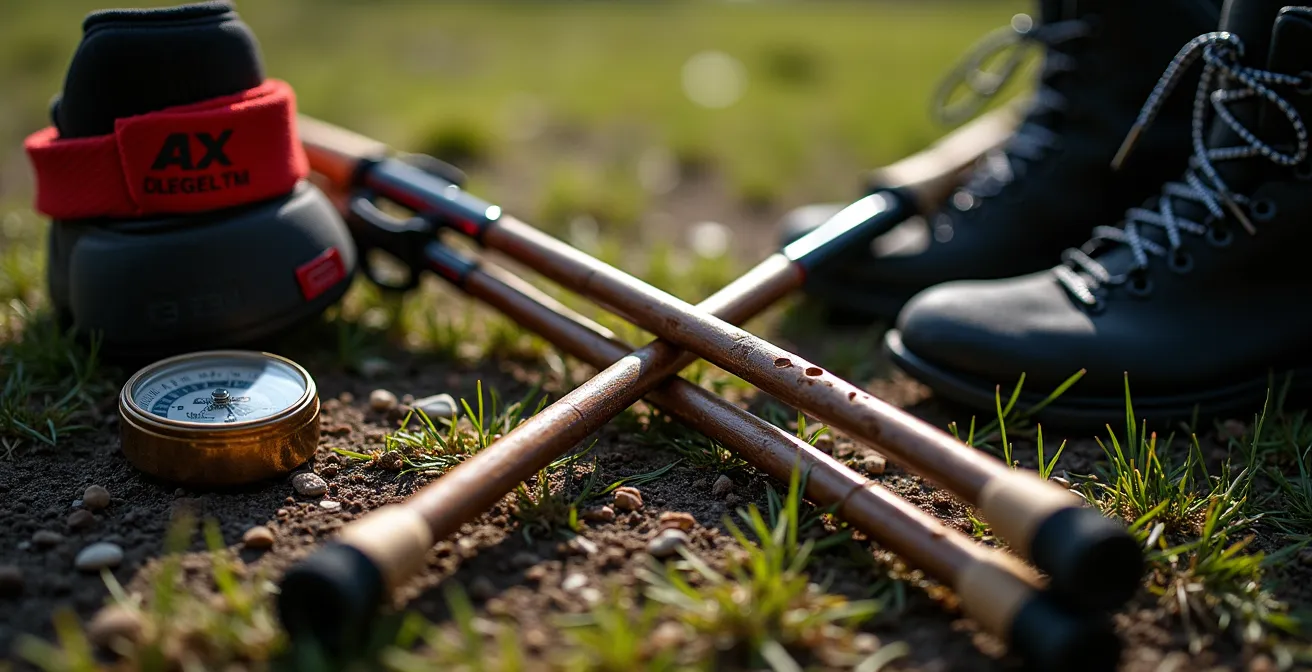 Konzeptuelle Darstellung von traditioneller Schweizer Sportausrüstung wie Hornusserstecken gekreuzt mit modernen Trailrunning-Stöcken, um die Verbindung von Werten und Sportwahl zu symbolisieren.