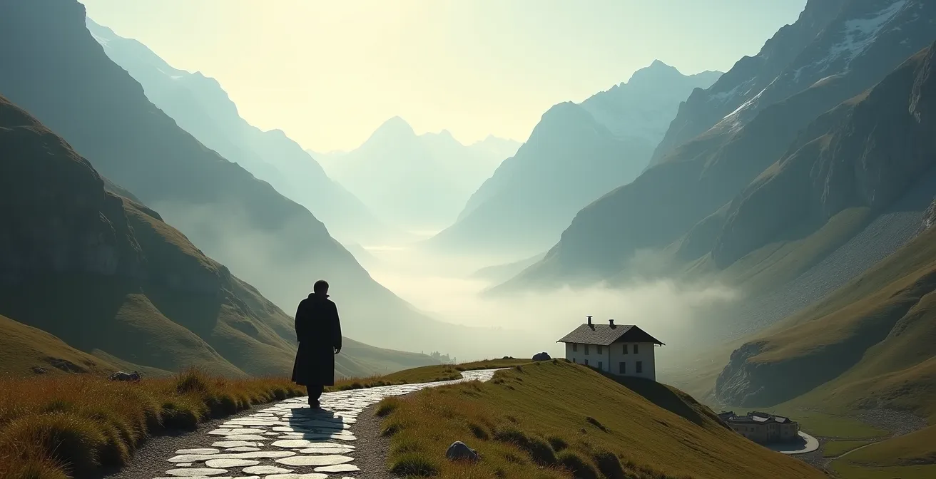 Pilger auf der Via Francigena beim historischen Grossen Sankt Bernhard Pass zwischen Schweiz und Italien