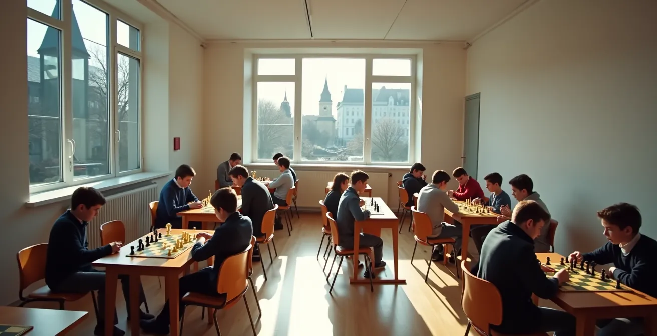 Weitwinkelaufnahme eines Schachclubs in der Schweiz mit mehreren Spielern verschiedenen Alters in einer ruhigen Atmosphäre