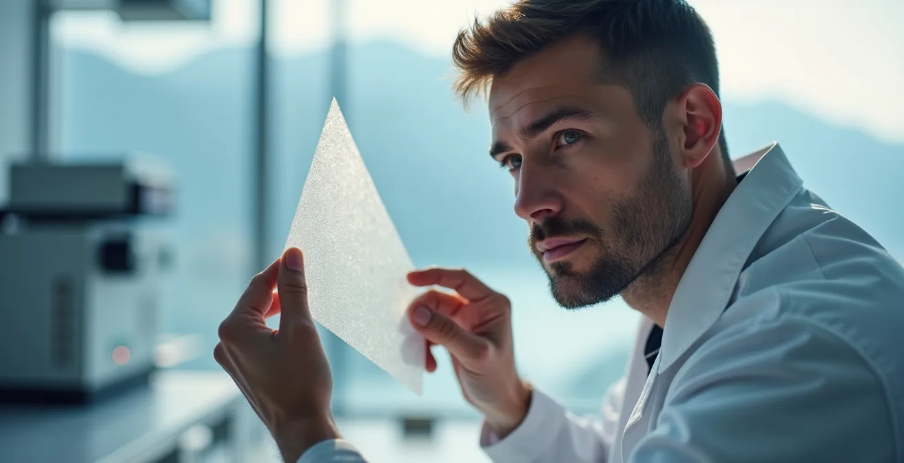 Modernes Forschungslabor für Sportinnovation in der Schweiz, in dem ein Ingenieur ein Material prüft.