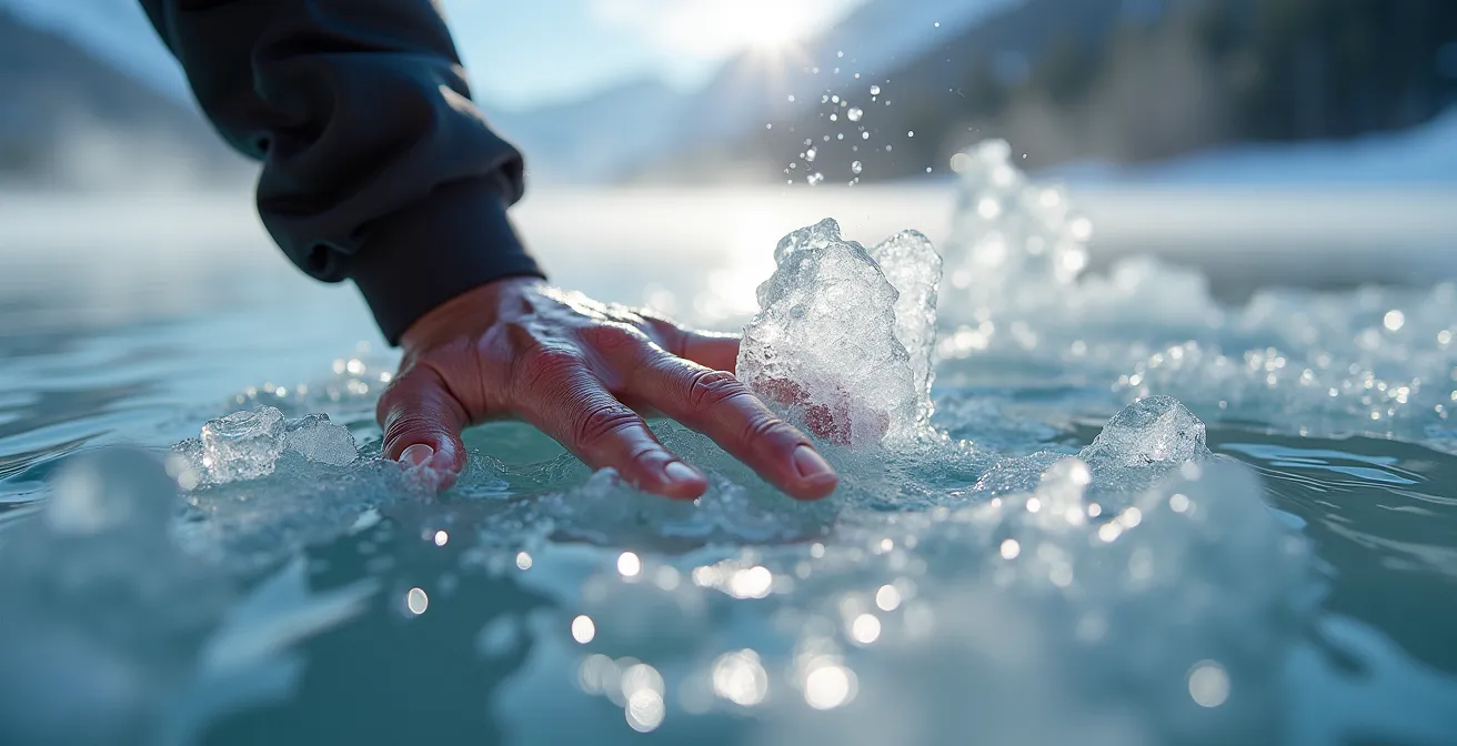 Extremsportler beim Eisbaden in einem zugefrorenen Schweizer Bergsee als mentale Vorbereitung