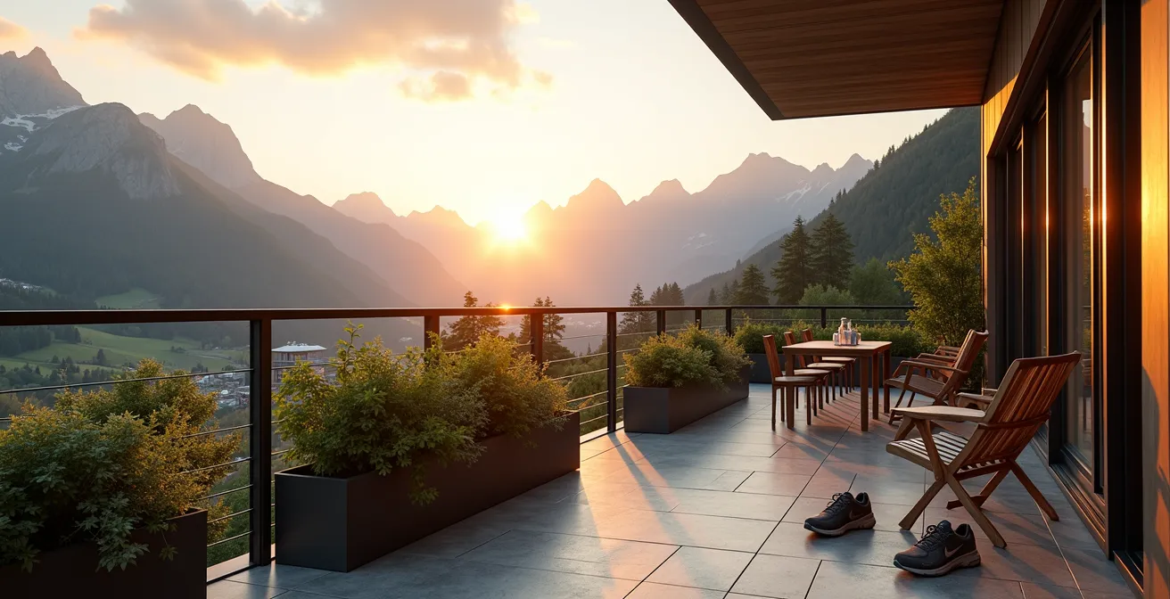 Moderne Schweizer Wohnung mit Balkonblick auf Berge und nahegelegene Laufwege