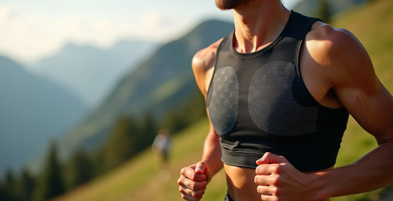 Nahaufnahme eines Läufers in Bewegung, der ein Smart-Shirt mit dezent eingewebten Sensormustern trägt, vor einer verschwommenen alpinen Kulisse.