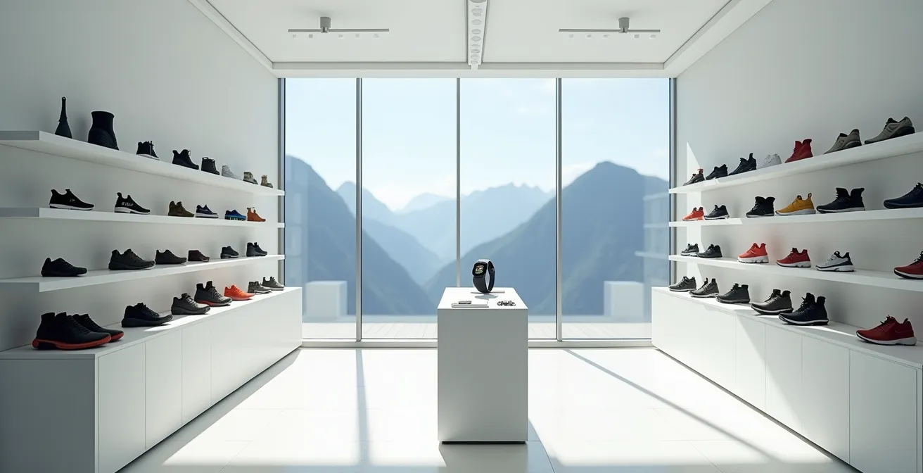 Zeitstrahl, der eine strategische 3-Jahres-Investition in Sportausrüstung wie GPS-Uhren, Carbon-Schuhe und Smart-Textilien in einem minimalistischen Schweizer Sportgeschäft zeigt.