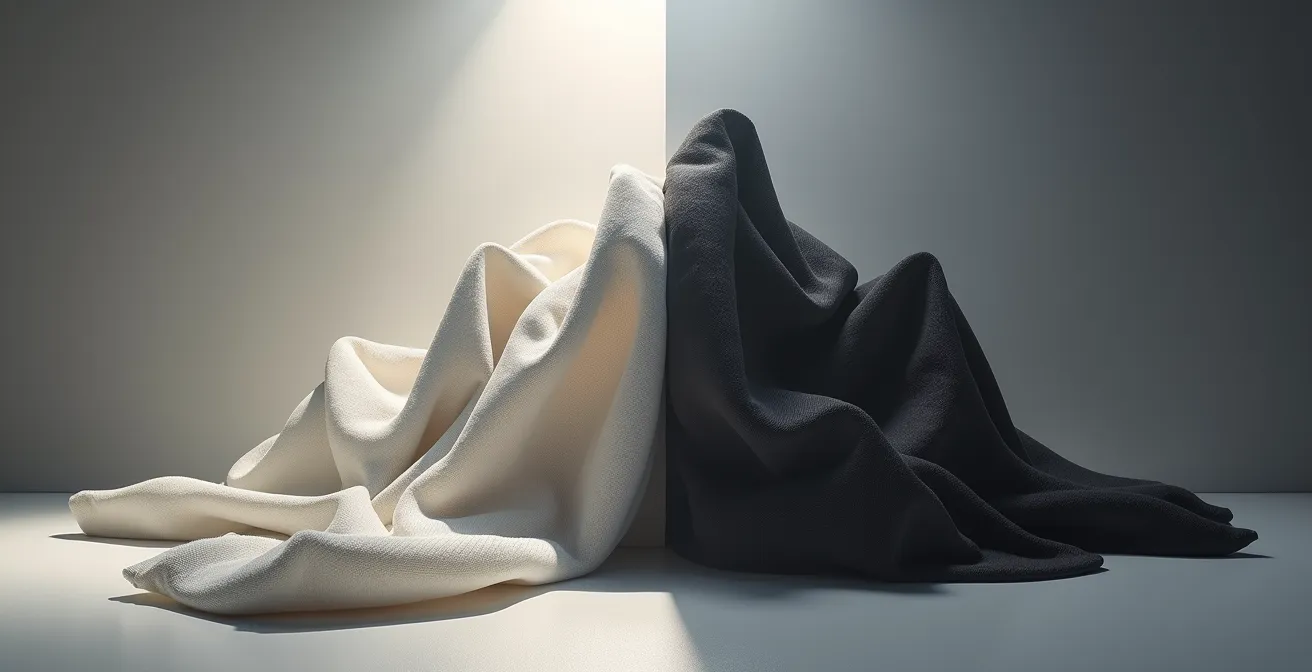 Eine minimalistische, symbolische Darstellung, die echte Materialtechnologie auf der einen Seite und zerknülltes Marketingmaterial auf der anderen Seite gegenüberstellt.