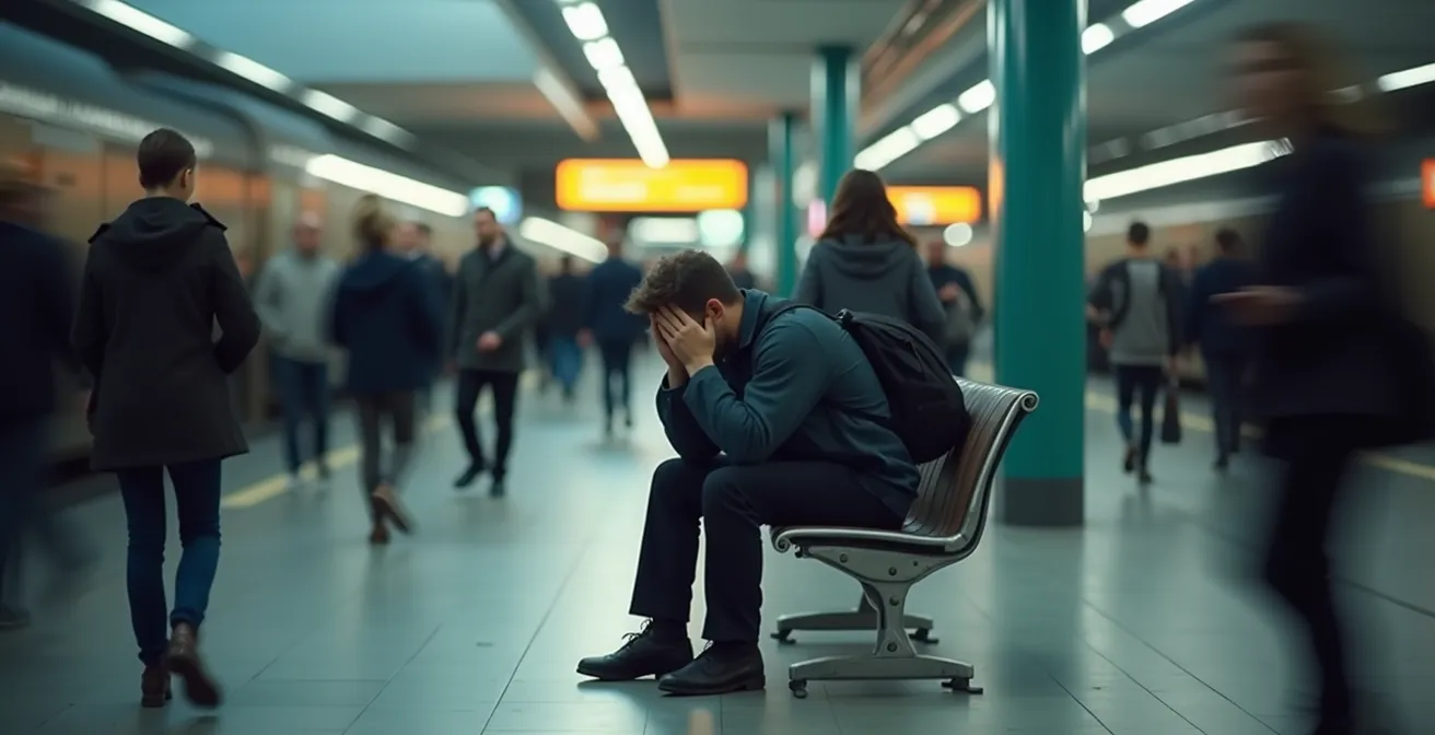Eine Person wirkt im normalen Schweizer Alltag am Bahnhof überfordert und gestresst, ein Zeichen für eine mögliche Traumatisierung.