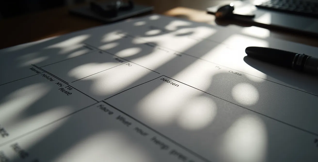 Ein überfüllter Terminkalender, visualisiert durch chaotische Schatten, im Kontrast zu ruhiger Leere.