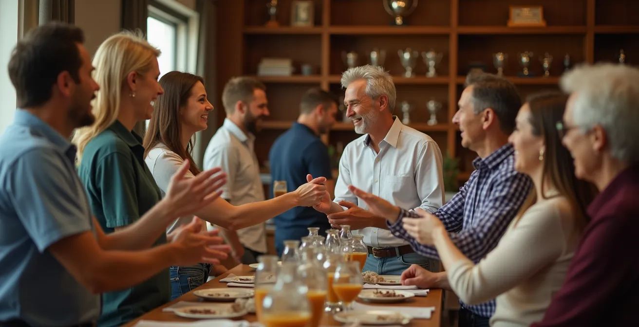Eine Person übernimmt eine kleine Aufgabe bei einem Vereinsanlass, umgeben von dankbaren Vereinsmitgliedern verschiedener Altersgruppen.