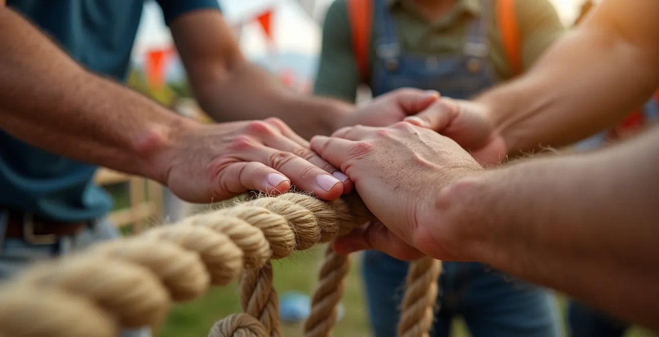 Detailaufnahme von Händen beim gemeinsamen Aufbau eines Vereinsfestes