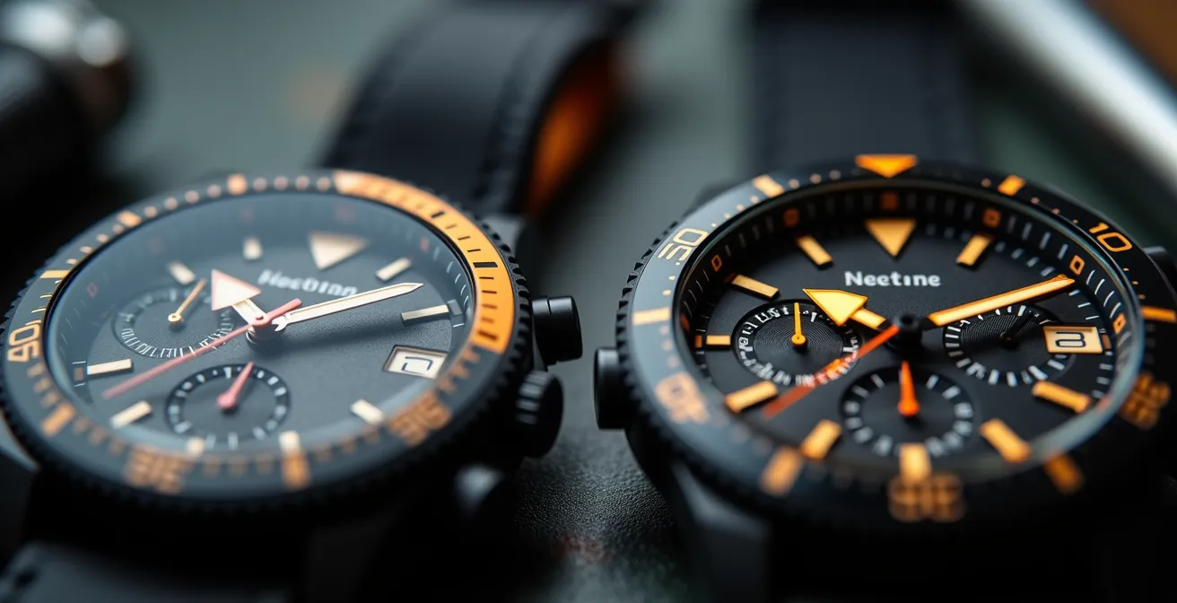 Makroaufnahme, die die Textur einer brandneuen Sportuhr neben dem leicht gebrauchten, aber funktional identischen Vorjahresmodell zeigt.