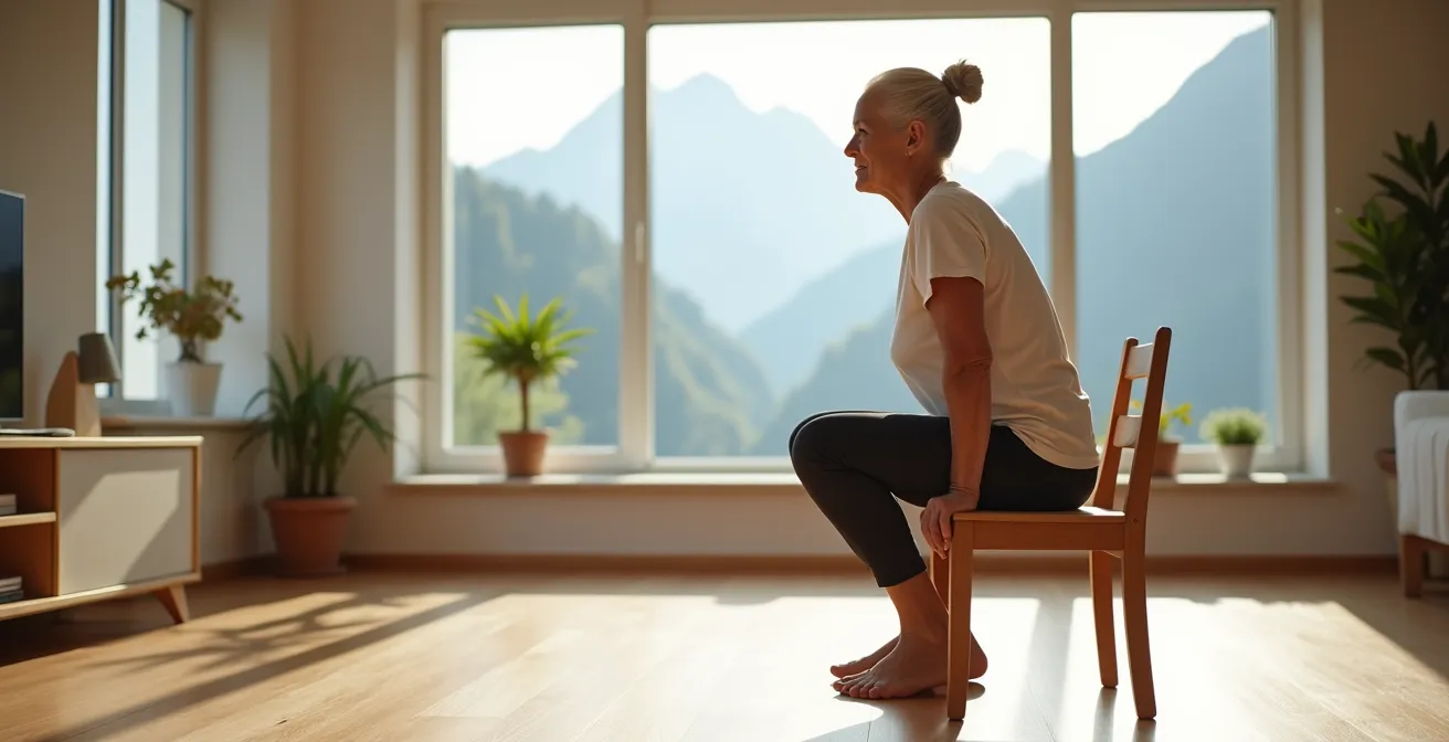 Seniorin macht eine Kniebeuge-Übung mit einem Stuhl in einem hellen Schweizer Wohnzimmer.