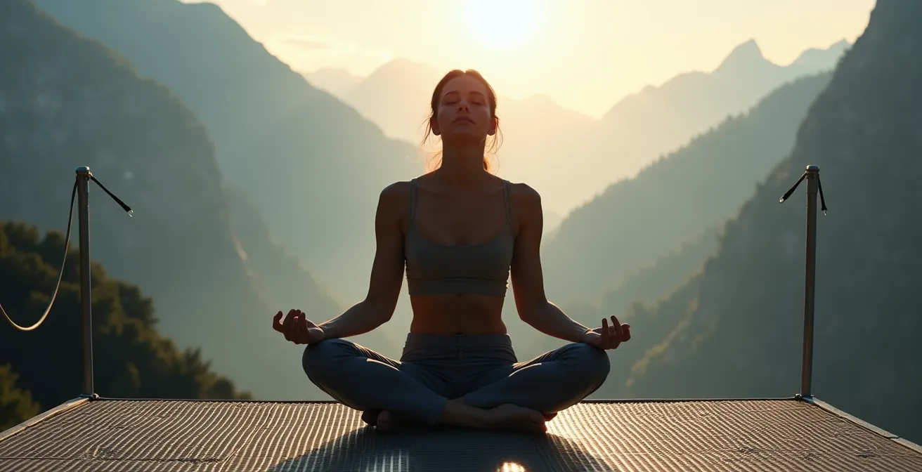 Springer bei der mentalen Vorbereitung auf einer Bungee-Plattform mit Schweizer Bergkulisse