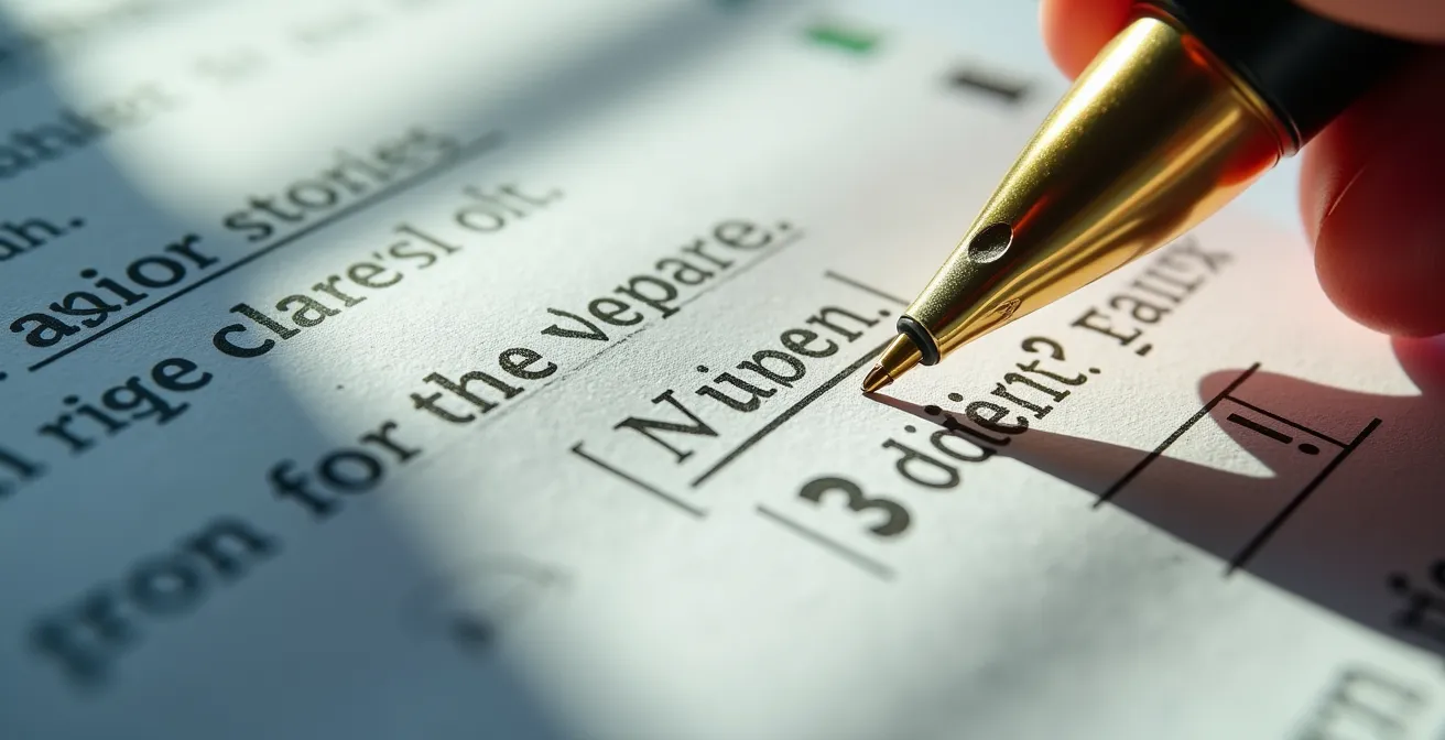 Makroaufnahme eines Vereinsprotokolls mit markierten kritischen Stellen, die auf Probleme hindeuten.