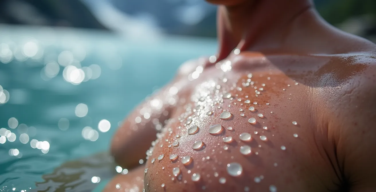 Person beim kontrollierten Eisbaden in einem kristallklaren Schweizer Bergsee umgeben von verschneiten Gipfeln