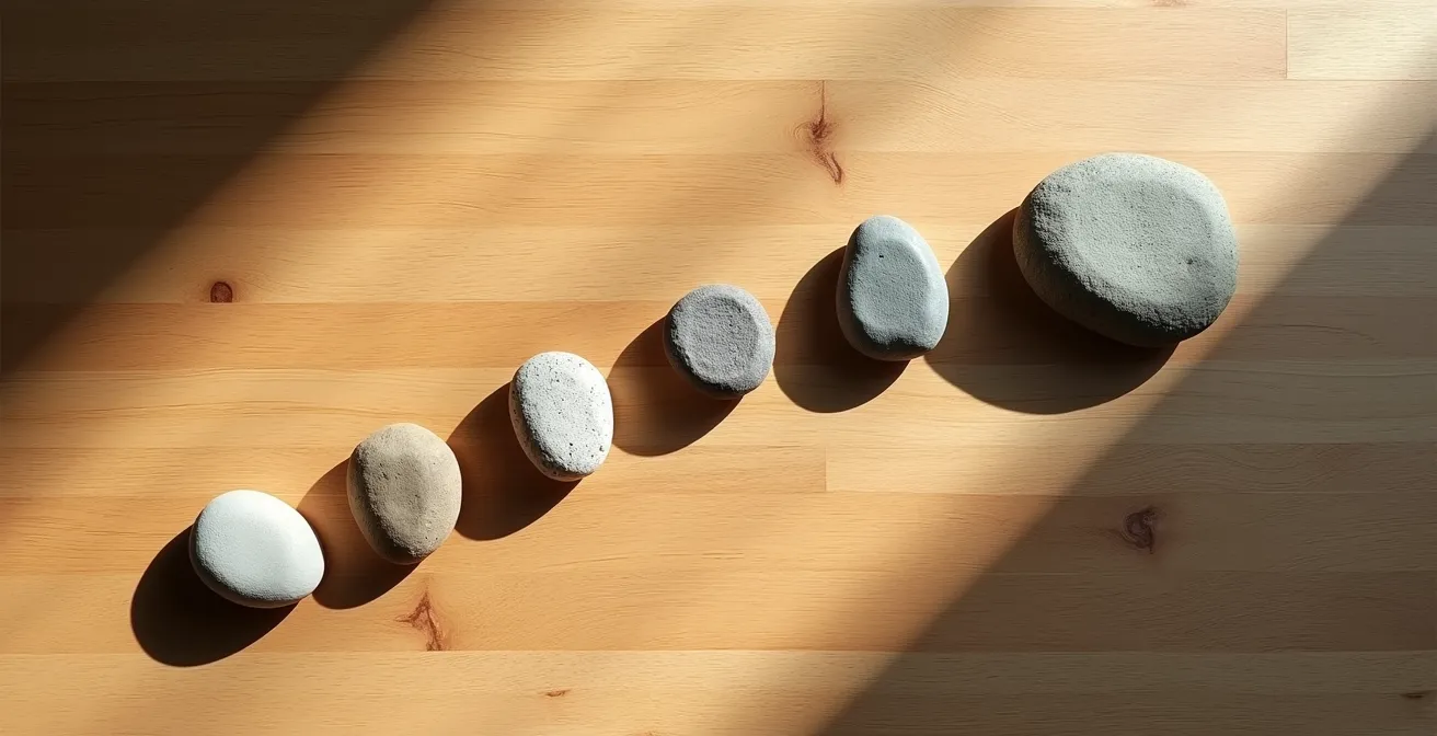 Visualisierung des Wohlbefindens-Trackings über eine Arbeitswoche mit symbolischen Steinen auf einem Schreibtisch.