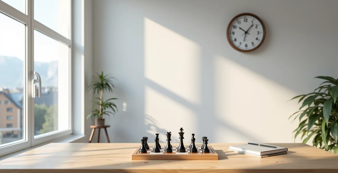 Weitwinkelaufnahme eines aufgeräumten Schweizer Büros mit Schachbrett neben Arbeitsunterlagen